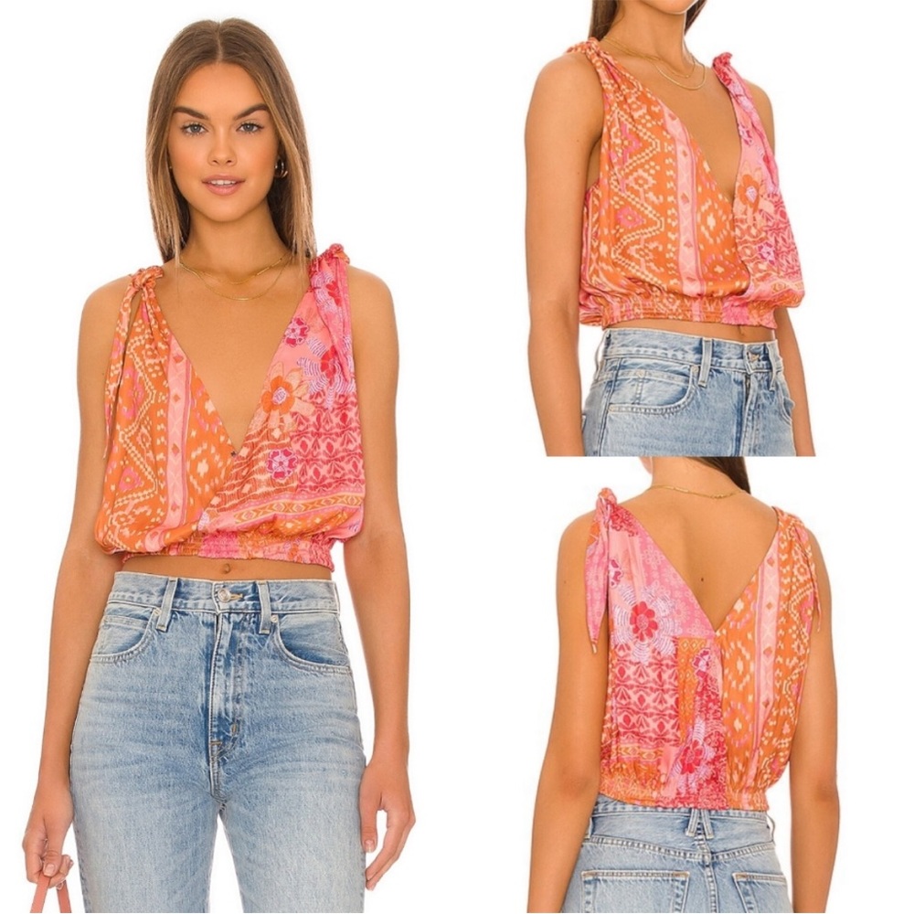 Free People Tied to You Print Surplice Tank in Lemonade Combo